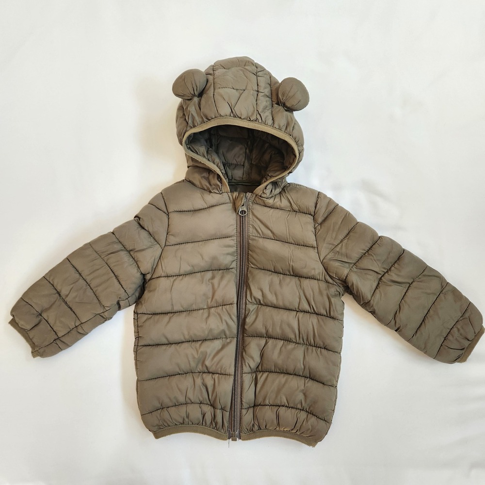CECORC Olive Green Bear Ear Lightweight Puffer Jacket, Kids 12-18 Months